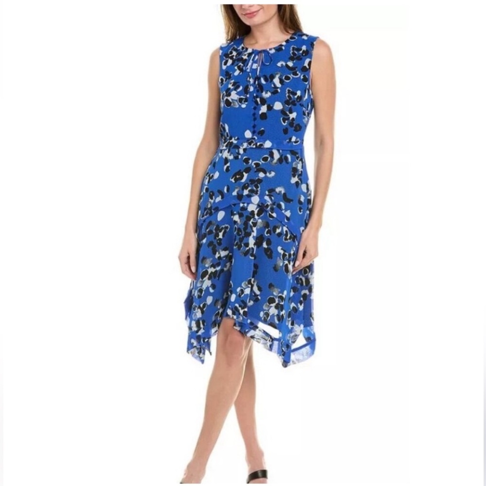 CAbi Electric Blue Floral Asymmetrical Handkerchief Hem Polka Dot Dress Sz M - Picture 2 of 11
